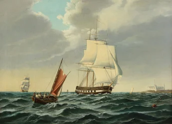 Kriegsschiff auf dem Weg hinaus mit Kronborg an Backbord
